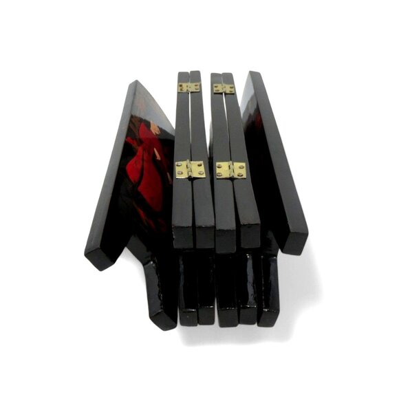 Geisha Mini FOLDING SCREEN Black Lacquer 6 Panel Asian Women Vintage - Picture 10 of 12